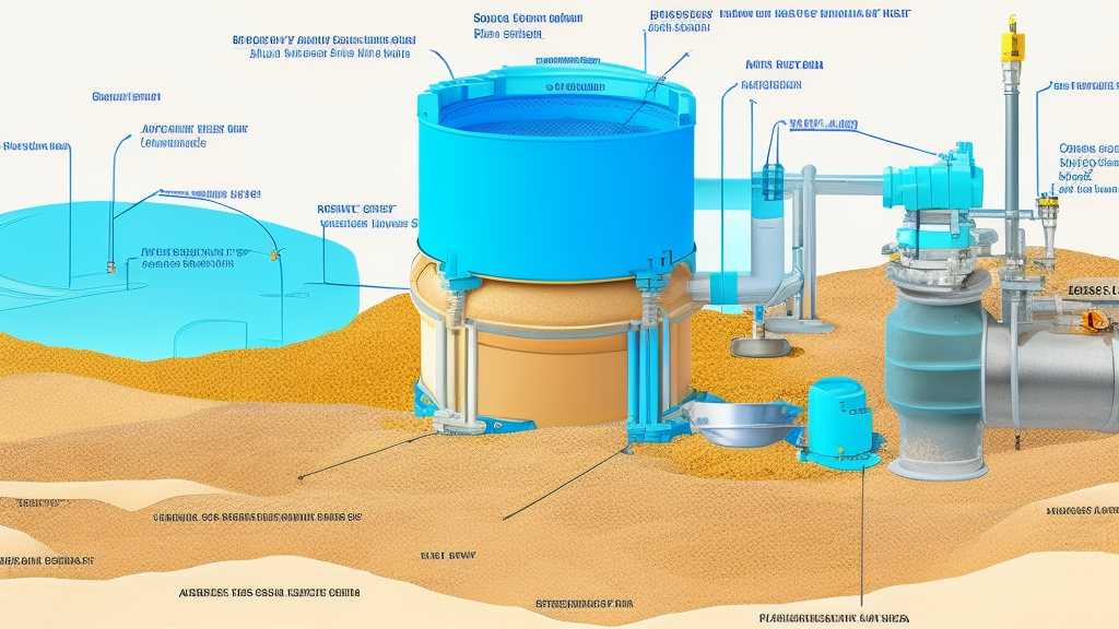 Homokszűrő rendszer keresztmetszeti technikai diagram belső szerkezettel különböző homokrétegekkel és víz áramlási irányokkal